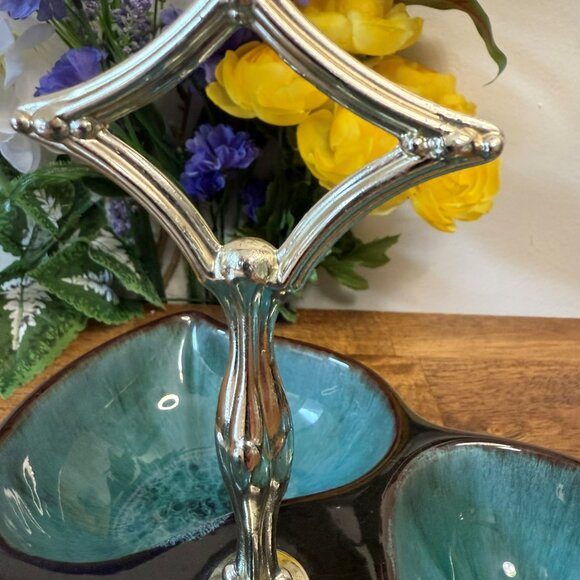 Mid Century Drip Glaze Tri-Leaf Snack Dish Retro Teal Brown Pottery Handle Tray - Picture 5 of 6